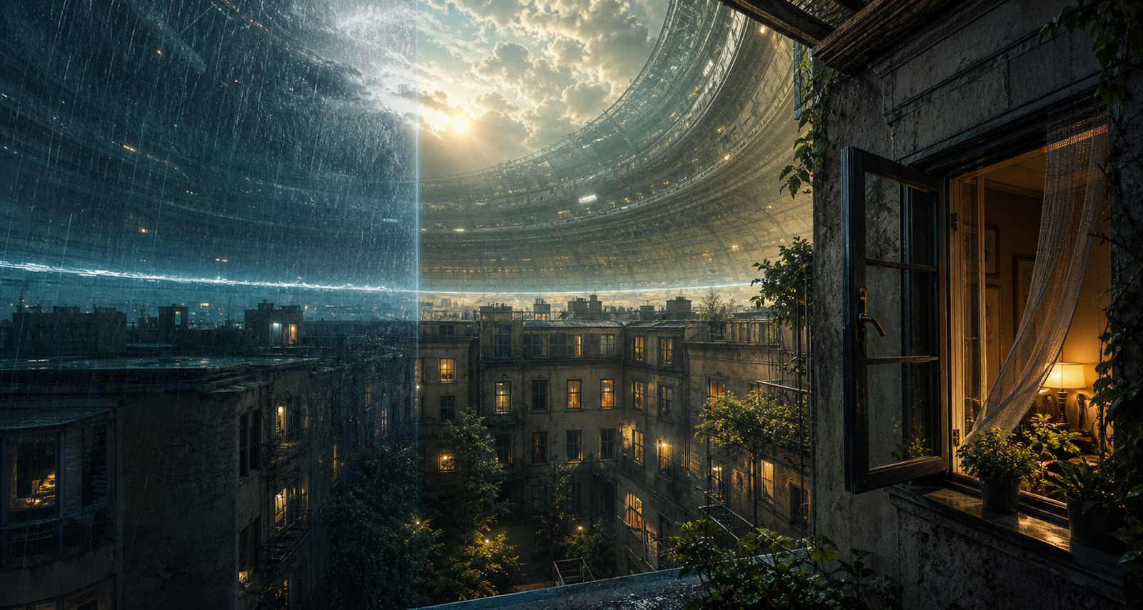 A rain-split apartment courtyard inside a vast rotating habitat.
